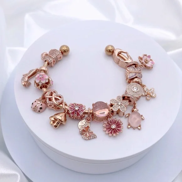 Linx Rose Gold Stainless Steel Open Bangle with Pink Themed Charms